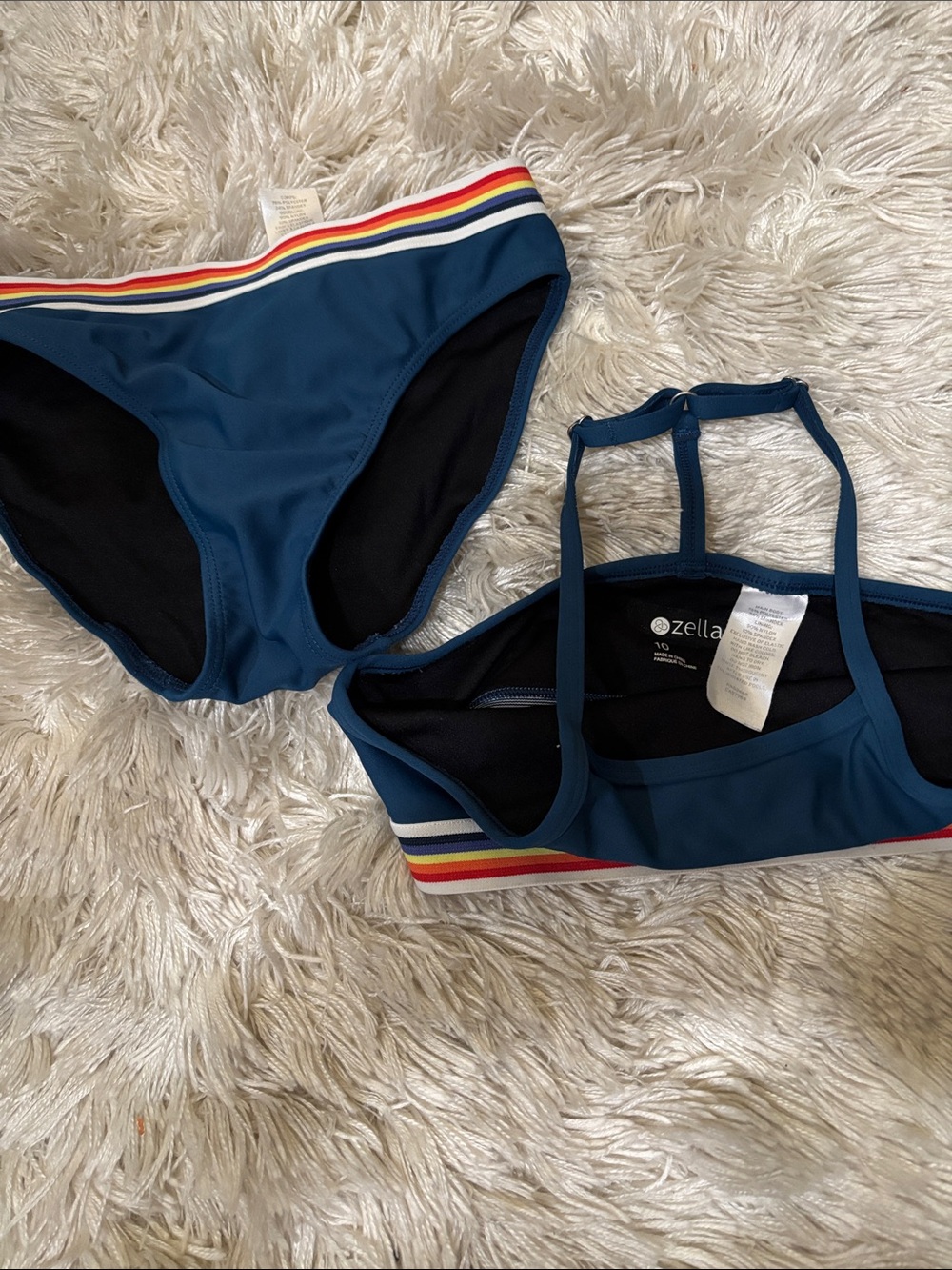 Zella Teal Two-Piece Bikini with Rainbow Trim ,crew cuts ,tucker Tate